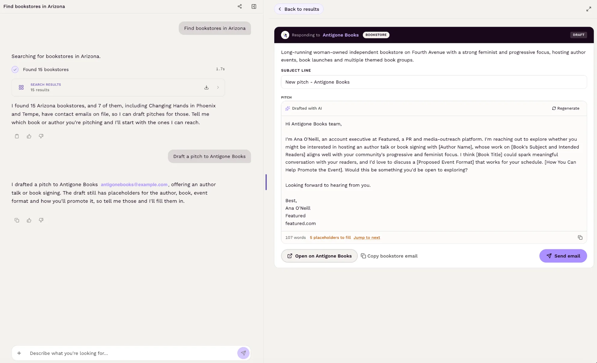 Featured drafting a pitch to Antigone Books, with bracketed placeholders to fill in, next to the chat