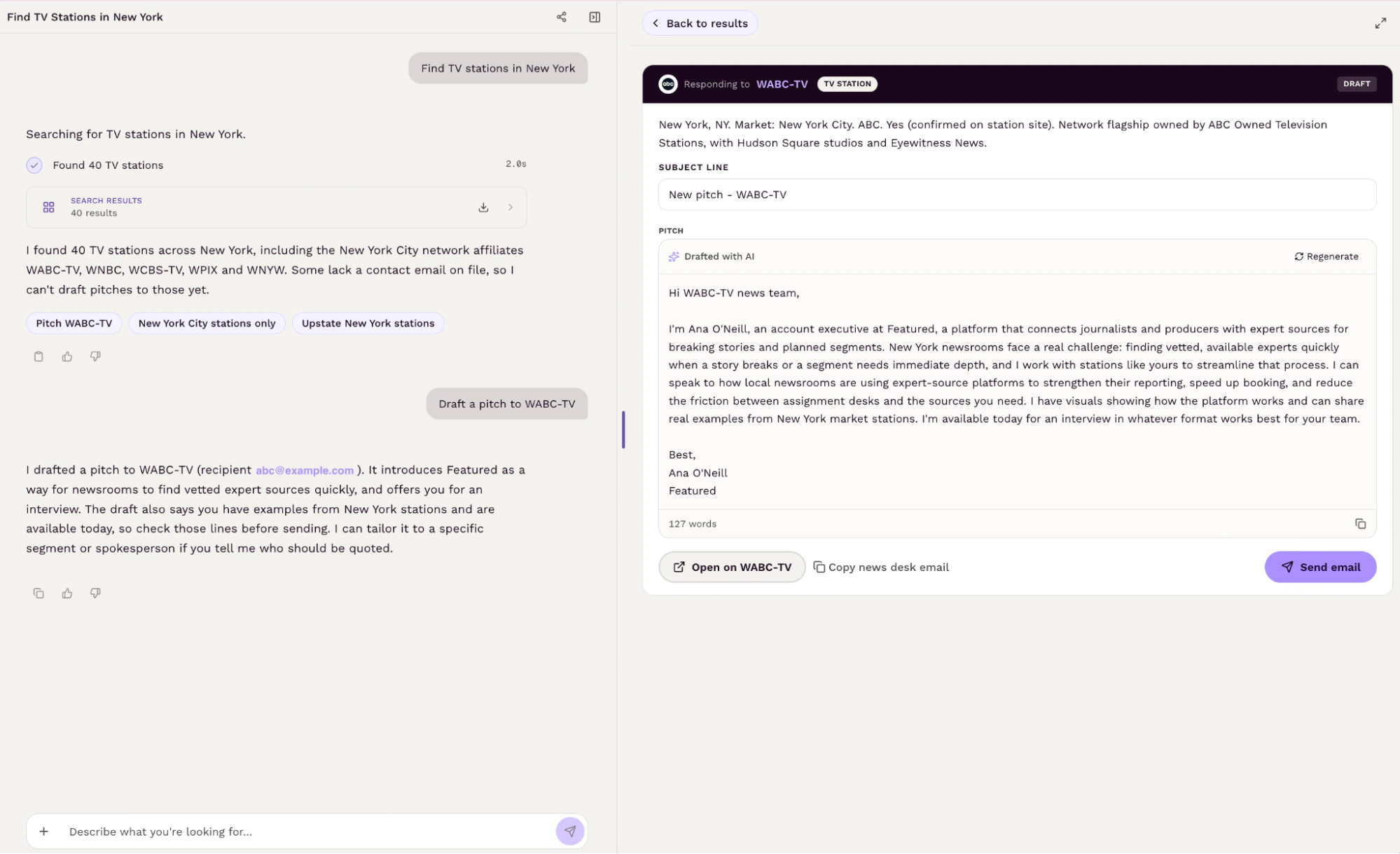 Featured drafting a pitch to the WABC-TV news desk next to the chat