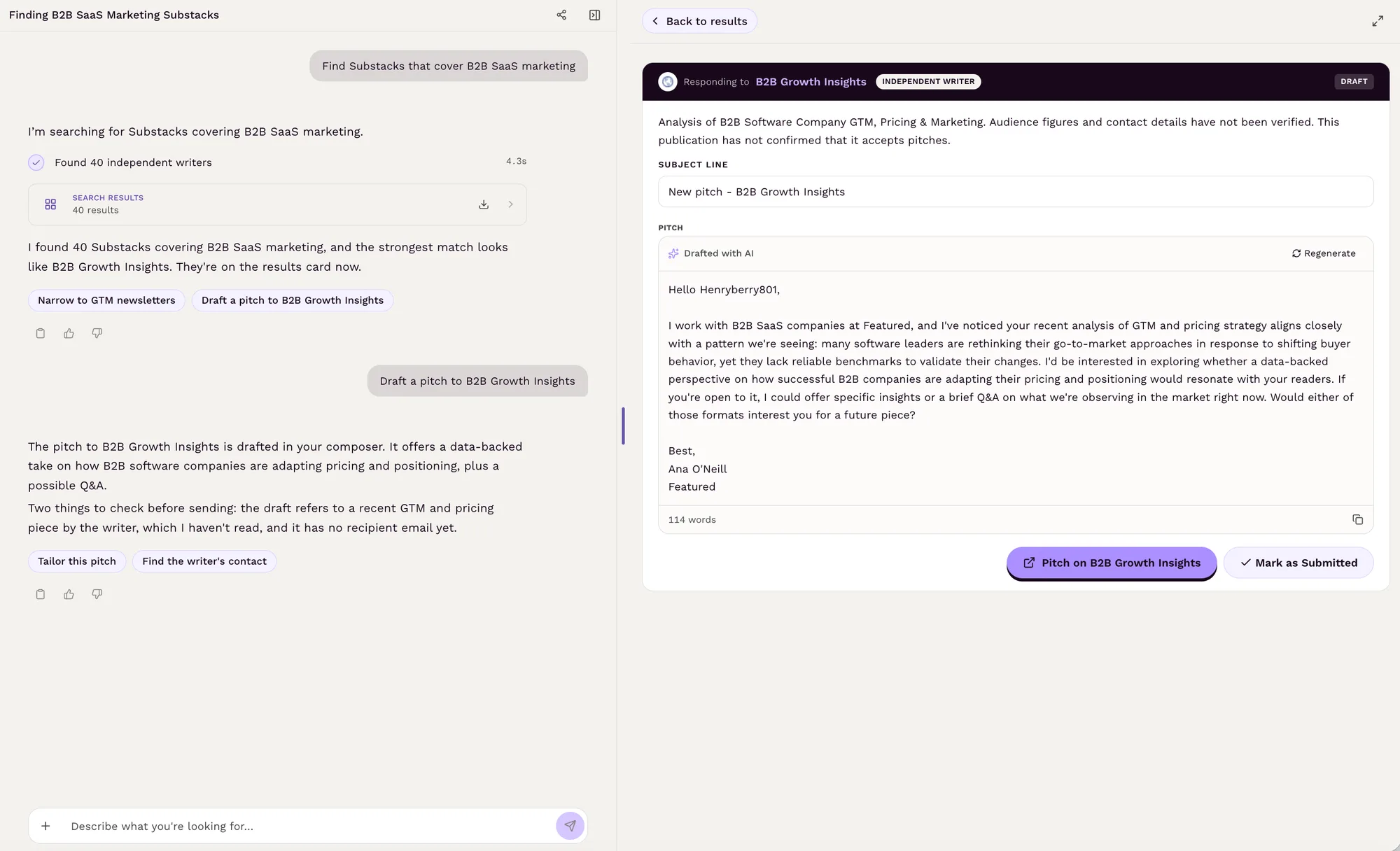 Featured's Find Substacks Draft Pitch example