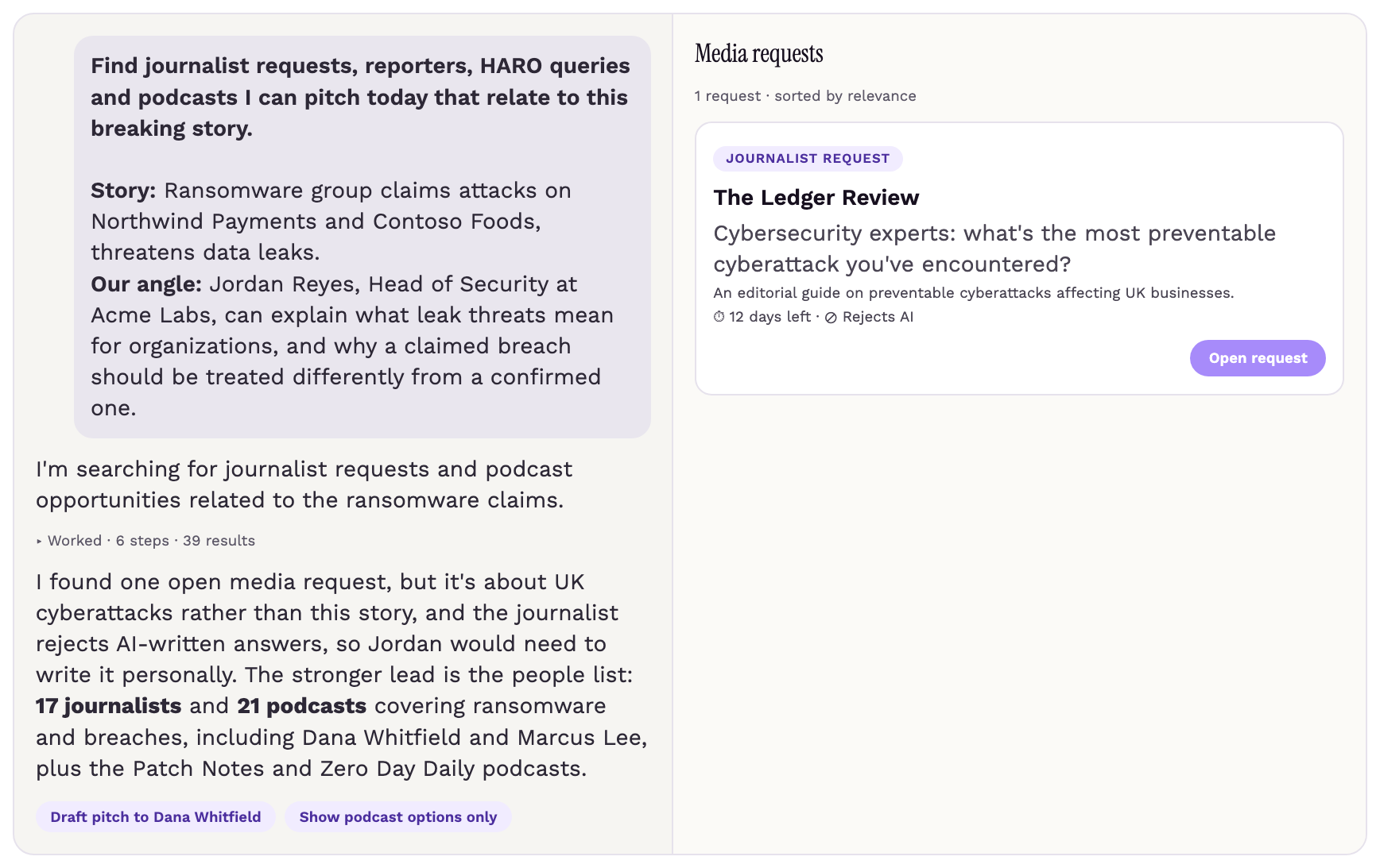 Featured's chat searching for opportunities on a ransomware story, next to one journalist request
