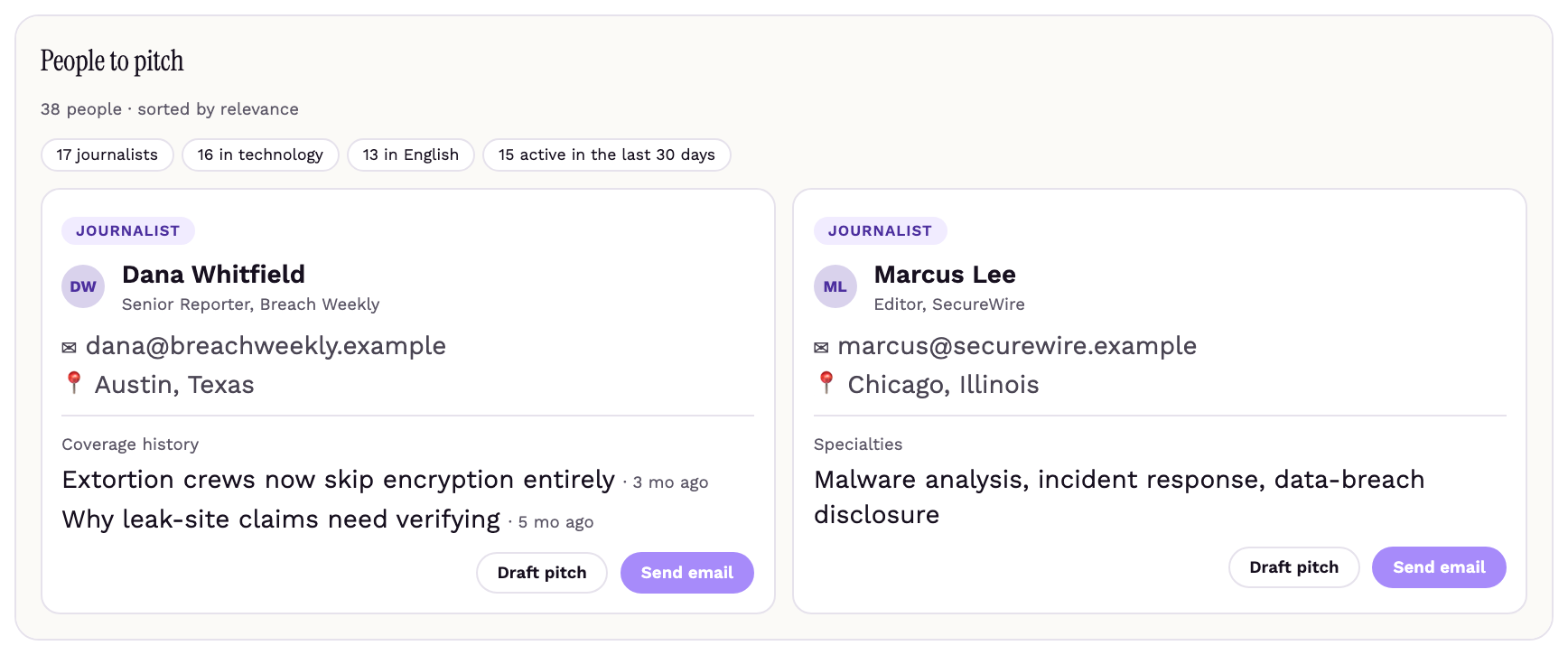 People to pitch: journalist cards with their beat, location and recent coverage
