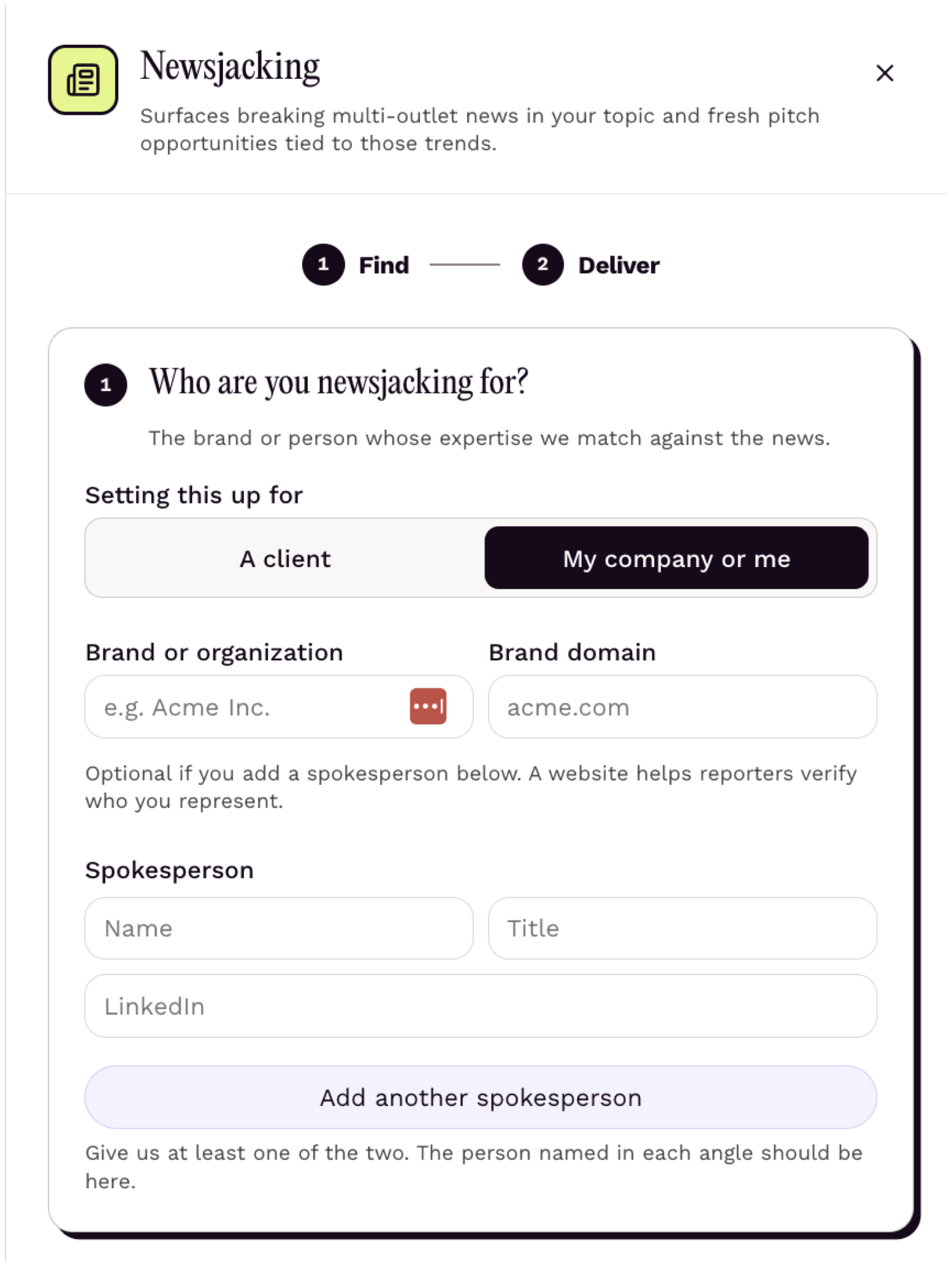 The Newsjacking setup screen asking who you're newsjacking for, with fields for the brand, domain and spokesperson
